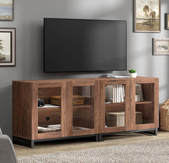 WAMPAT Modern TV Stand with Glass Doors for 80-120 inch TVs, 4 in 1 Entertainment Center Console with 4 Drawers and Metal Base for Living Room, Bedroom, Brown