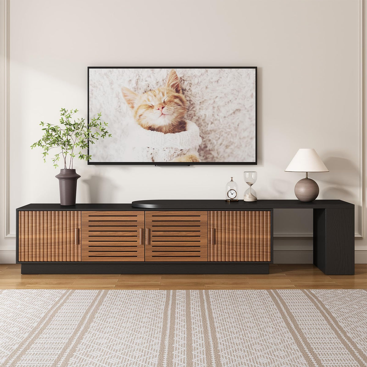 JGOEI 75"-85" or 90" Mid Century Modern TV Stands, Extendable TV Stand with 4 Storage Cabinets, TV Console with Storage, Adjustable TV Stand for Up to 98 Inch TVs, Modern Entertainment Center, Black