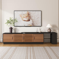 JGOEI 75"-85" or 90" Mid Century Modern TV Stands, Extendable TV Stand with 4 Storage Cabinets, TV Console with Storage, Adjustable TV Stand for Up to 98 Inch TVs, Modern Entertainment Center, Black