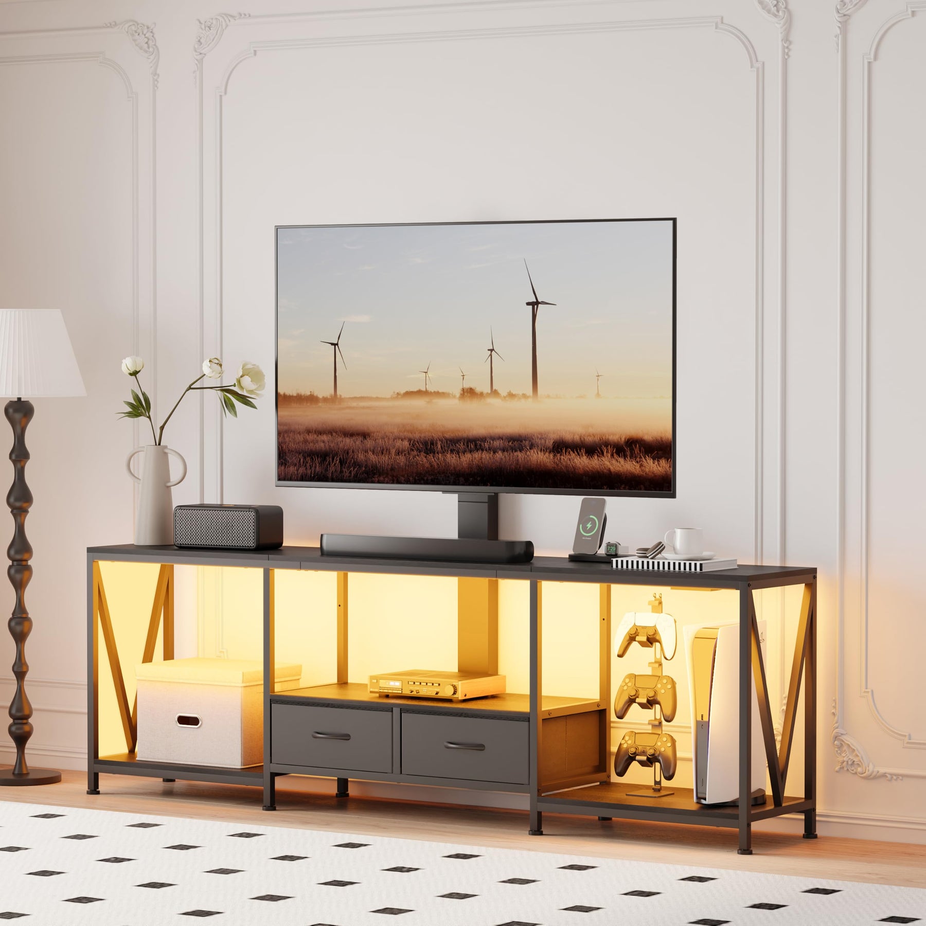 NinPeen 63" W TV Stand with Mount,LED & Charging Station for 55,65,75" TV