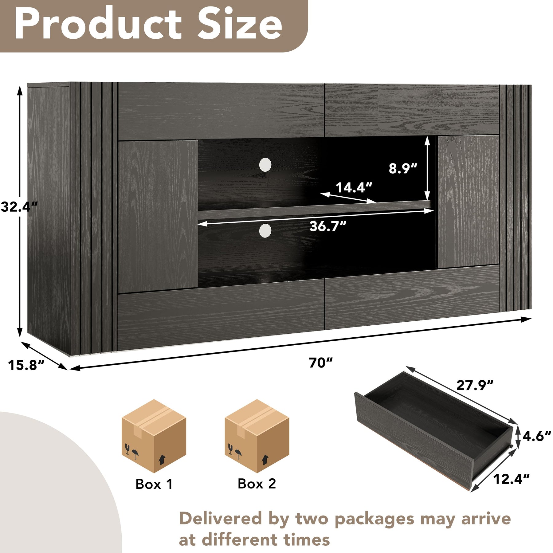 OneBlis Modern 70" TV Stand for TVs up to 80", Entertainment Center with 2 Drawers & 2 Side Cabinets, Media Console with 2-Tier Open Storage Shelves and Cable Management, Antique White & Walnut