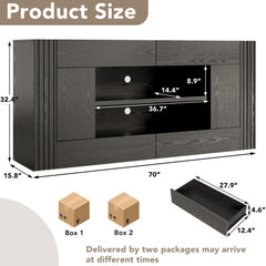 OneBlis Modern 70" TV Stand for TVs up to 80", Entertainment Center with 2 Drawers & 2 Side Cabinets, Media Console with 2-Tier Open Storage Shelves and Cable Management, Antique White & Walnut