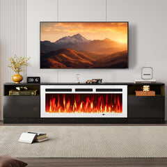 oneinmil Fireplace TV Stand with 36" Electric Fireplace, LED Light Entertainment Center, Modern Wood Texture Entertainment Stand with Highlight Storage Cabinet for TVs Up to 80", 70 inches, Black