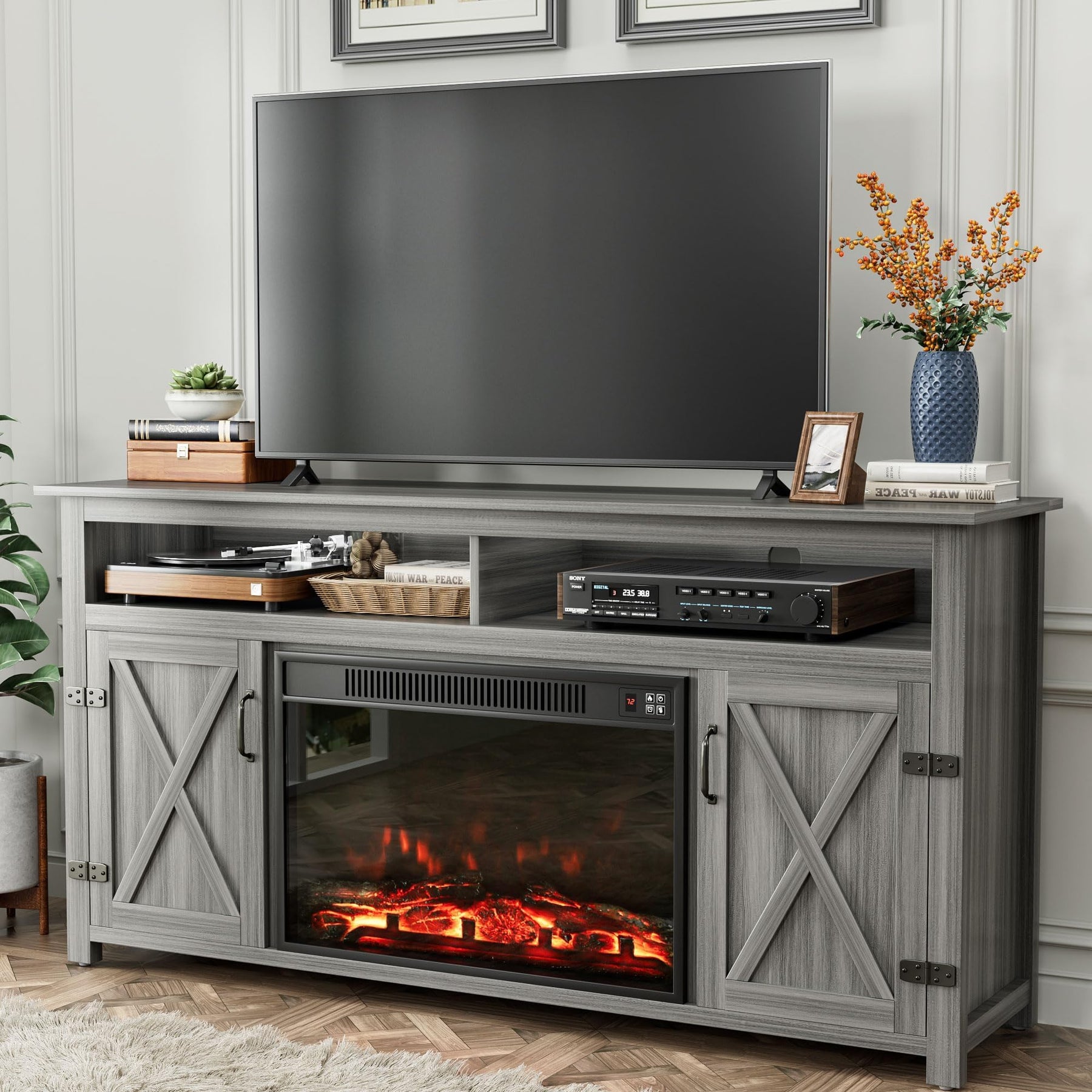YESHOMY 58" Farmhouse TV Stand for TVs up to 65", Sliding Barn Doors, White
