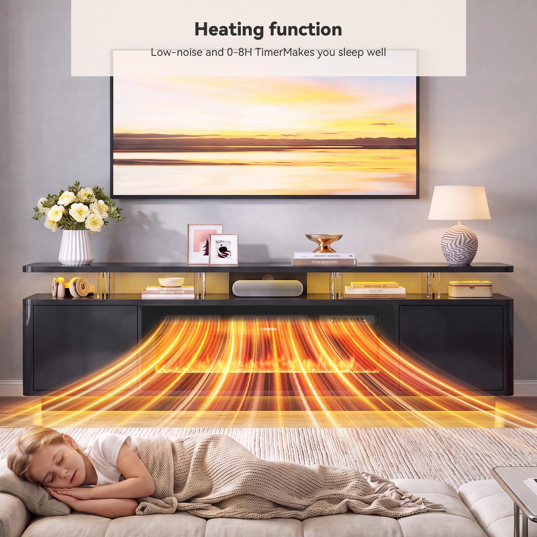OneBlis 70" Fireplace TV Stand with Double LED Lights for TVs UP to 80", Electric Fireplace Entertainment Center with Storage Cabinets, TV Console for Living Room, Office, Black1