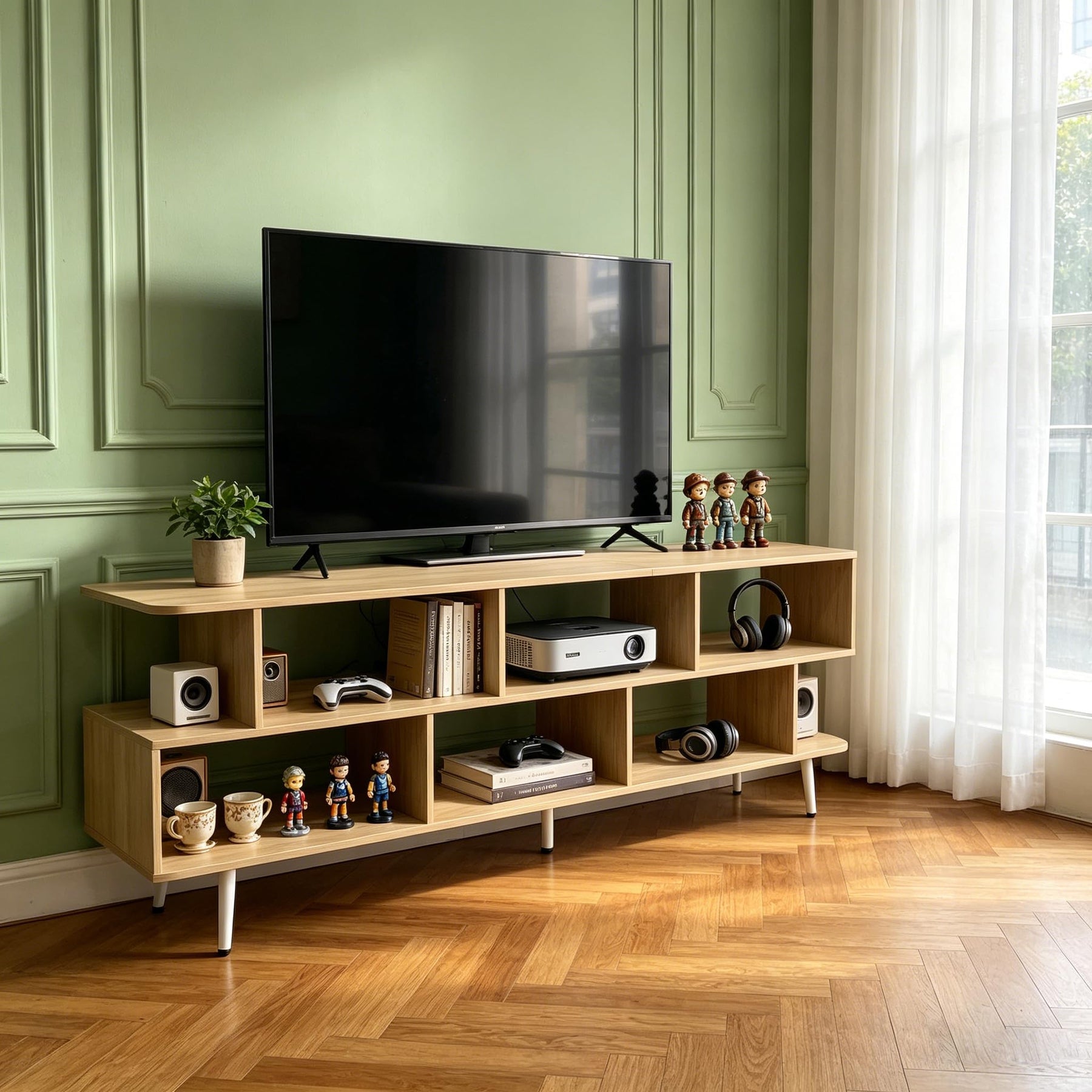 ACOHOOK Walnut 60" Mid-Century TV Stand with Storage Open Shelf