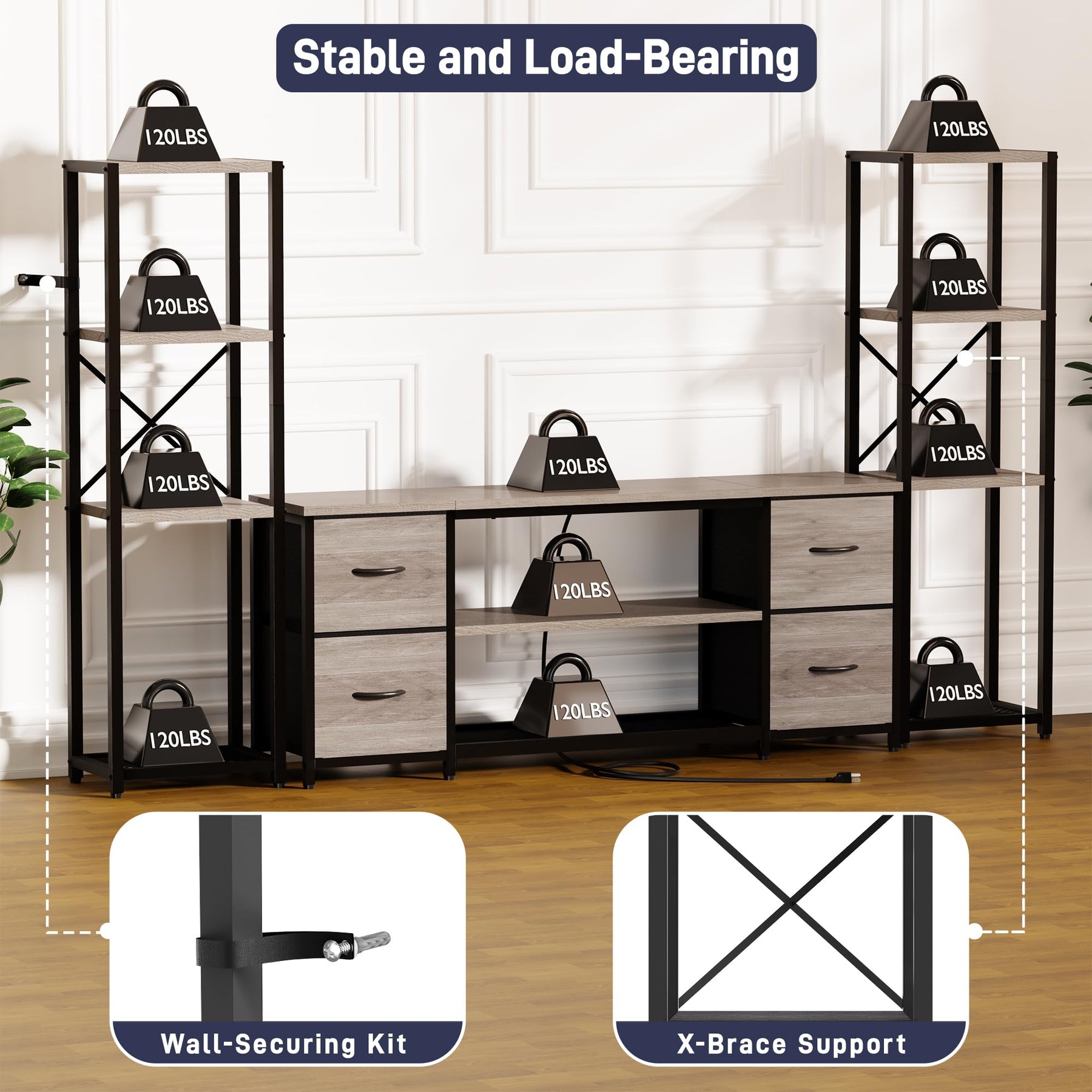 LED TV Stand Entertainment Center Bookshelf Combo with Charging Station