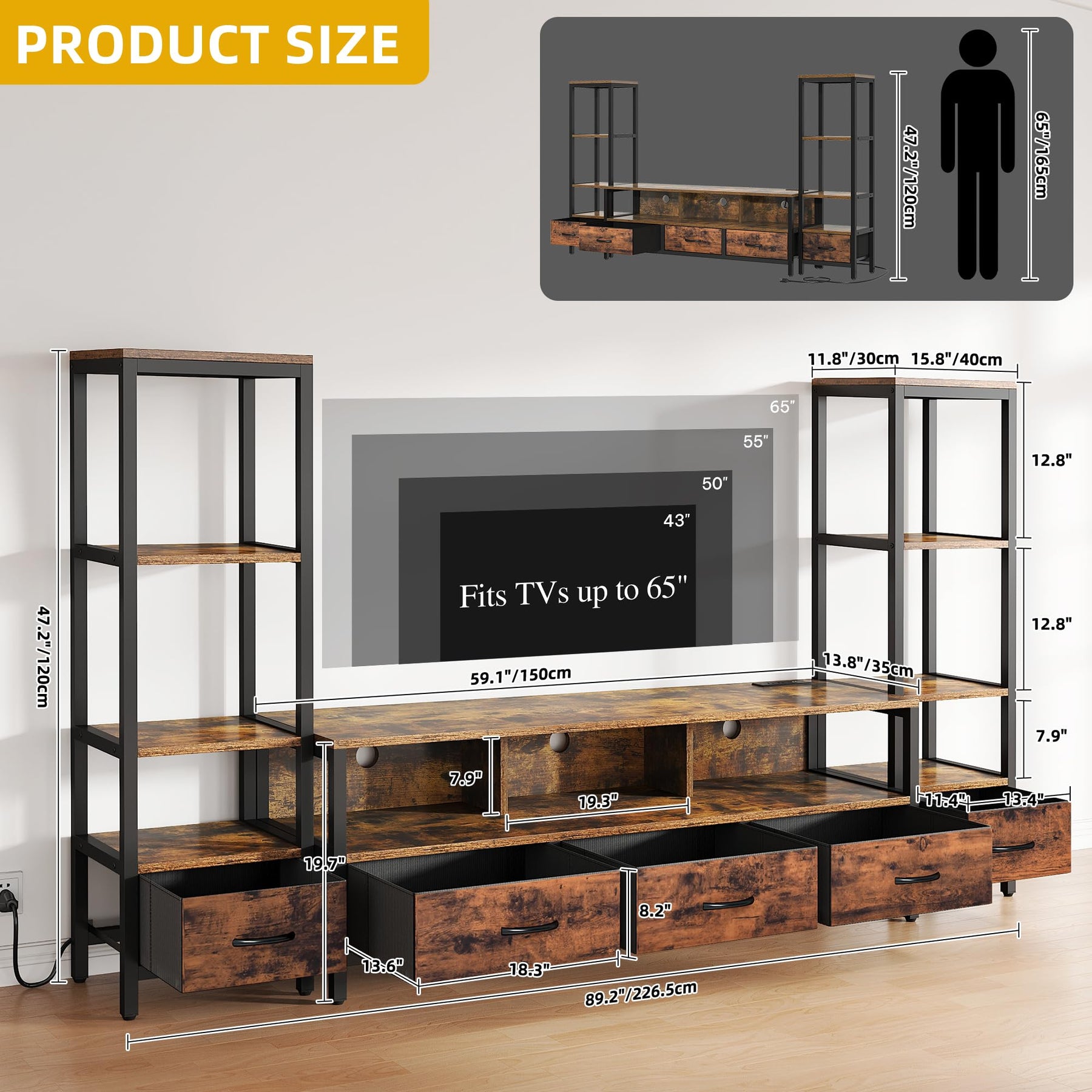 DWVO Industrial LED TV Stand for 65 Inch TVs, Entertainment Center with 2 4-Tier Bookshelves & Power Outlets, Media Console Table with 5 Drawers & Open Storage for Living Room, Grey