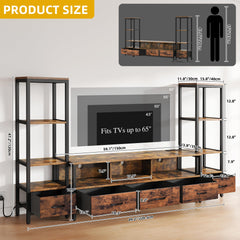 DWVO Industrial LED TV Stand for 65 Inch TVs, Entertainment Center with 2 4-Tier Bookshelves & Power Outlets, Media Console Table with 5 Drawers & Open Storage for Living Room, Grey