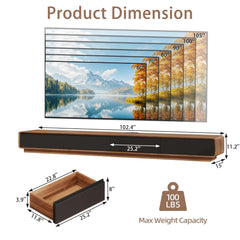 CayugaCrekrd 102.4'' Minimalist Floating TV Stand with Power Outlet, Modern Wall-Mounted Entertainment Center for TVs up to 100 Inches, Media Console with Rounded-Corner Design, Walnut and Black