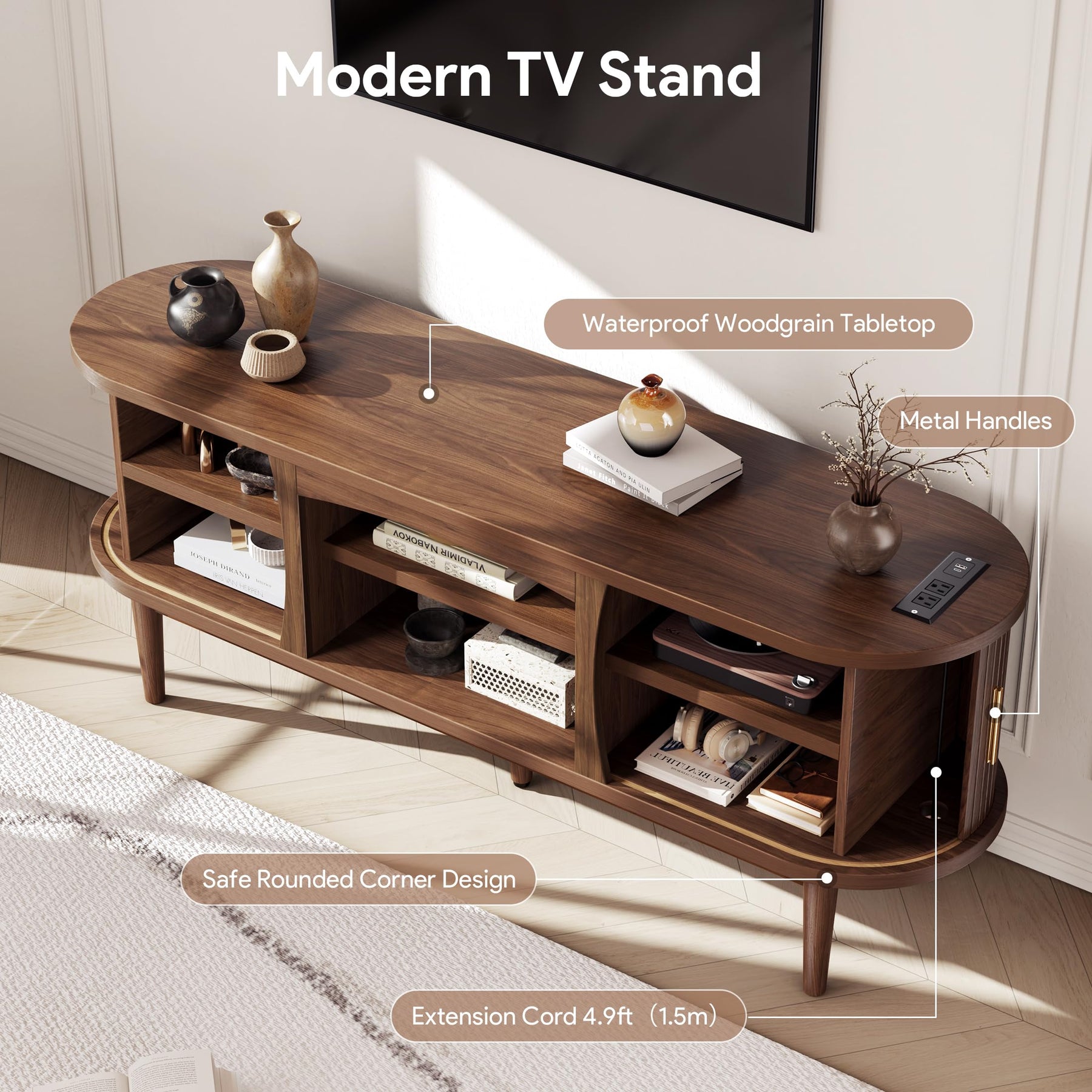 Decofy Mid Century TV Stand for TVs up to 80 Inches, Entertainment Center with Storage, Power Outlet, Fluted Sliding Doors & Adjustable Shelves, Modern Media TV Console Table for Living Room (Walnut)