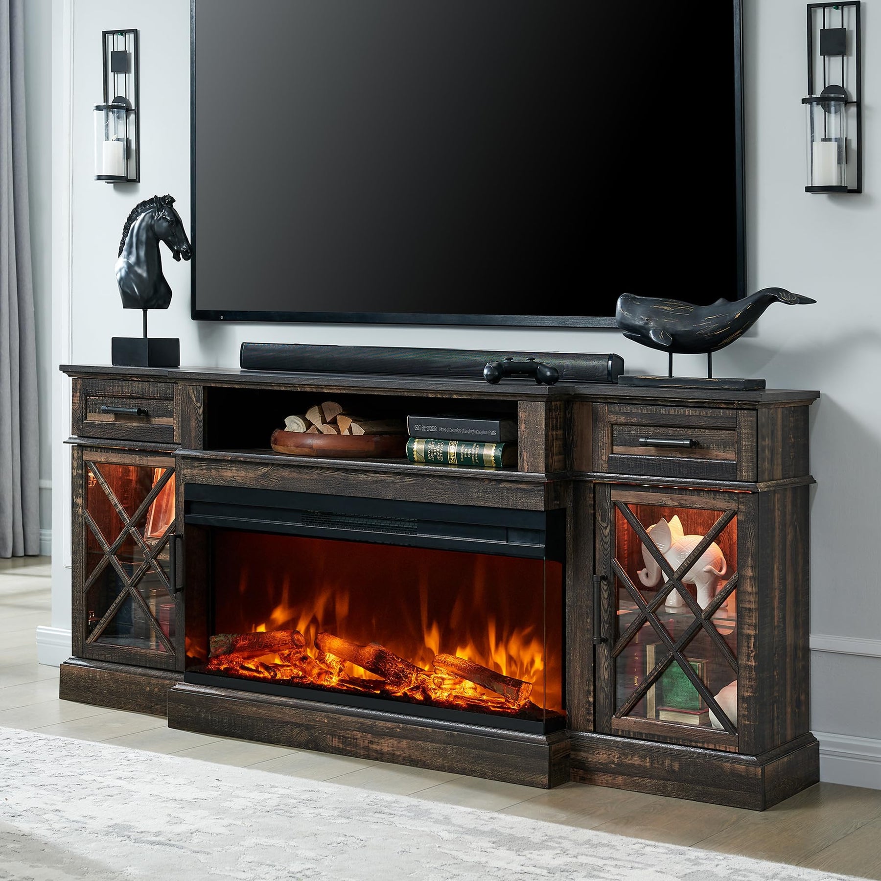 OKD 3-Sided Glass Farmhouse Electric Fireplace TV Stand for TVs up to 80'', Highboy Entertainment Center with Glass Door Storage Cabinet, 70'' Large TV Stands with 36'' Fireplace, Antique White