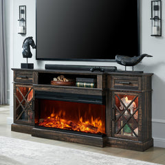 OKD 3-Sided Glass Farmhouse Electric Fireplace TV Stand for TVs up to 80'', Highboy Entertainment Center with Glass Door Storage Cabinet, 70'' Large TV Stands with 36'' Fireplace, Antique White