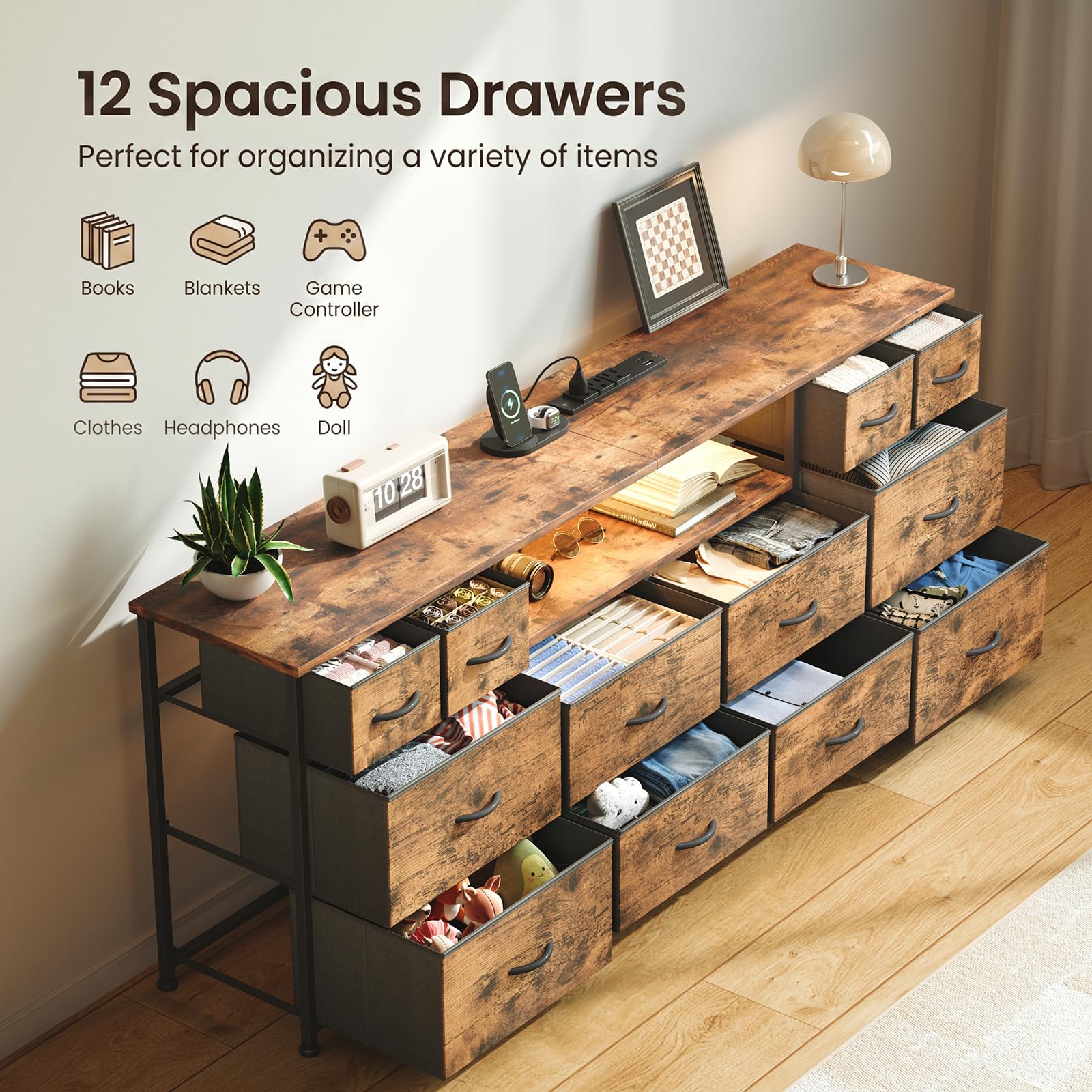 VERMESS 63 Inch 12 Drawers Long Dresser for Bedroom, Chest of Drawers, TV Stand with LED & Power Outlets, Entertainment Center with Storage Shelves, TV Unit for Living Room, for 65, 70 Inch TV, Black
