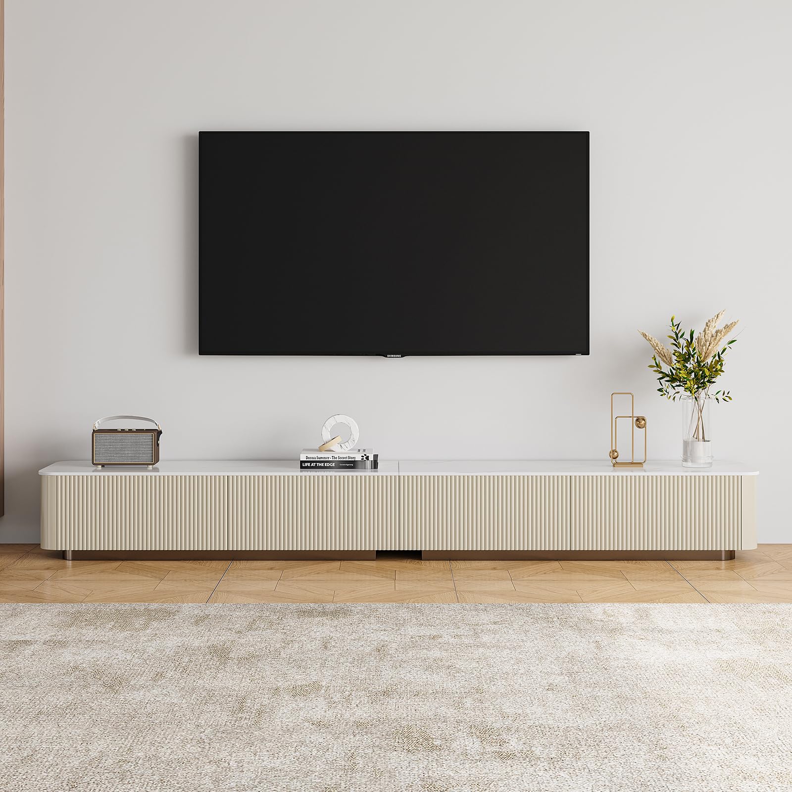94.5" Fully Assembled TV Console, White TV Stand with Sintered Stone Top