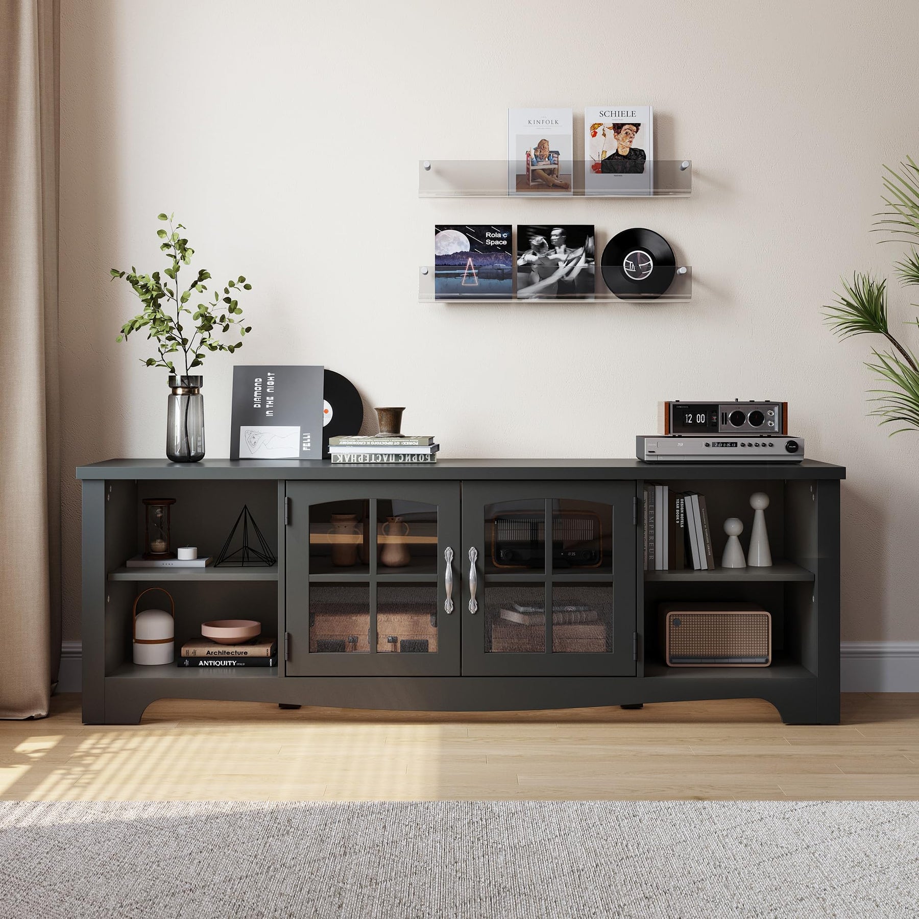 LINSY HOME Farmhouse TV Stand for 65 Inch TV, Wood Entertainment Center with Glass Door Storage Cabinet & Adjustable Shelves, Large Sturdy TV Console Table for Living Room Bedroom