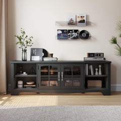 LINSY HOME Farmhouse TV Stand for 65 Inch TV, Wood Entertainment Center with Glass Door Storage Cabinet & Adjustable Shelves, Large Sturdy TV Console Table for Living Room Bedroom