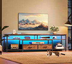 Huuger 63 Inch LED TV Stand for 65 70 Inch TV, Entertainment Center with Open Shelves and Power Outlets, TV Console for Living Room, Media Console with Drawers, Black