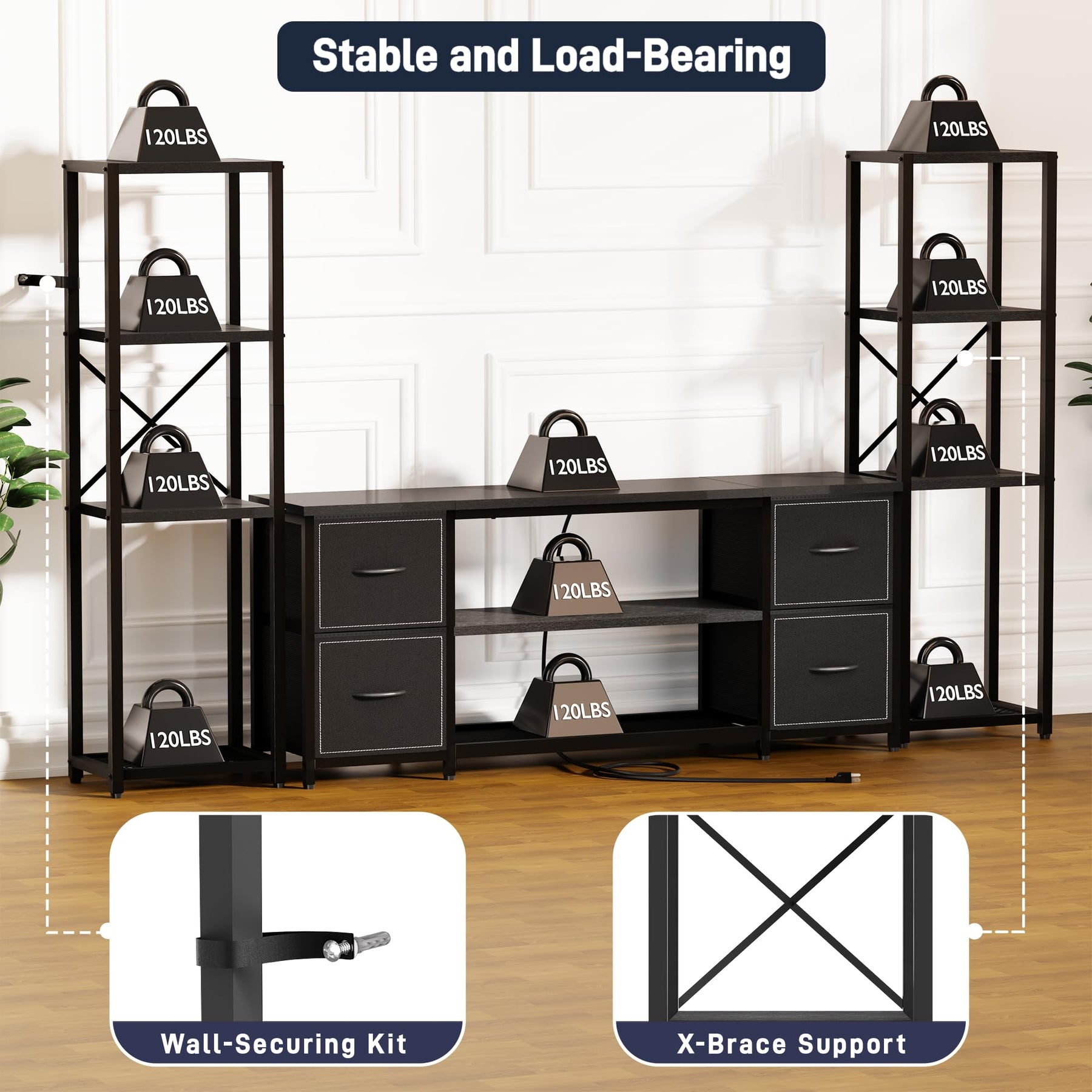 LED TV Stand Entertainment Center Bookshelf Combo with Charging Station