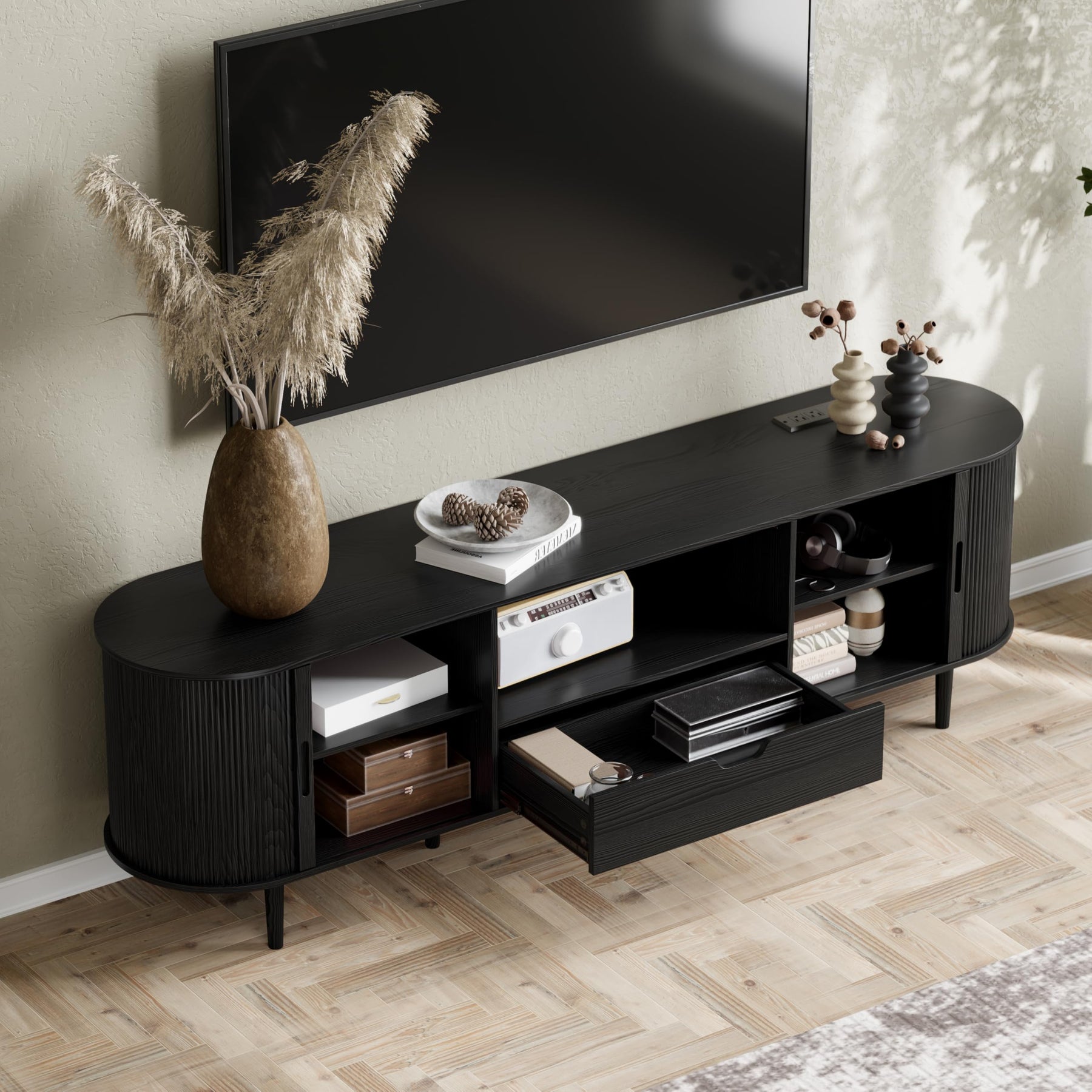 DHH 86.6" Fluted TV Stand with Power Outlet for TVs up to 90", TV Console with Adjustable Shelves and Sliding Door,Mid Century Modern Entertainment Center for Living Room,Bedroom (Walnut)