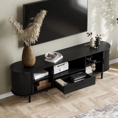 DHH 86.6" Fluted TV Stand with Power Outlet for TVs up to 90", TV Console with Adjustable Shelves and Sliding Door,Mid Century Modern Entertainment Center for Living Room,Bedroom (Walnut)