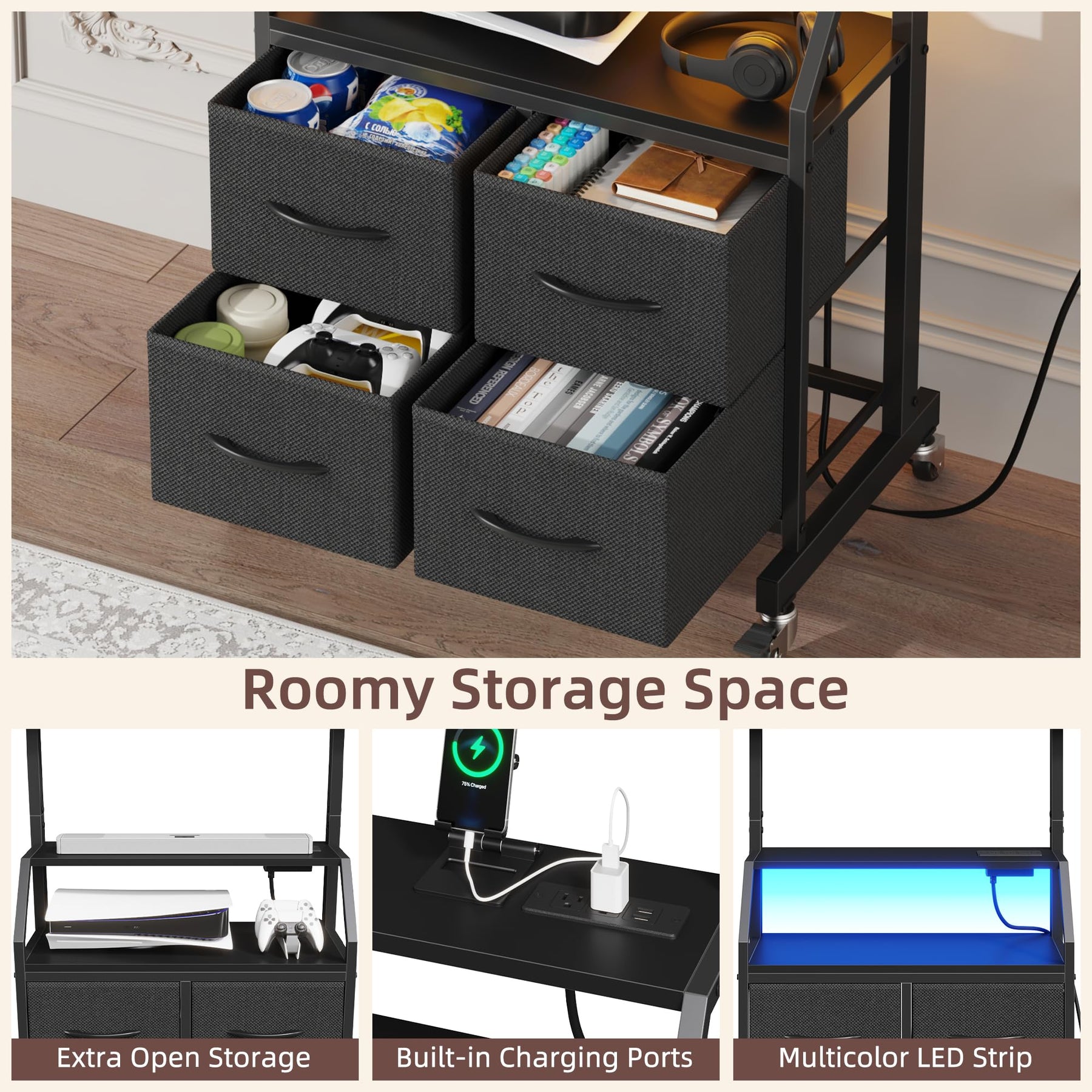 GYIIYUO Rolling TV Stand with Mount & 4 Fabric Drawers for 32-75 inch TVs