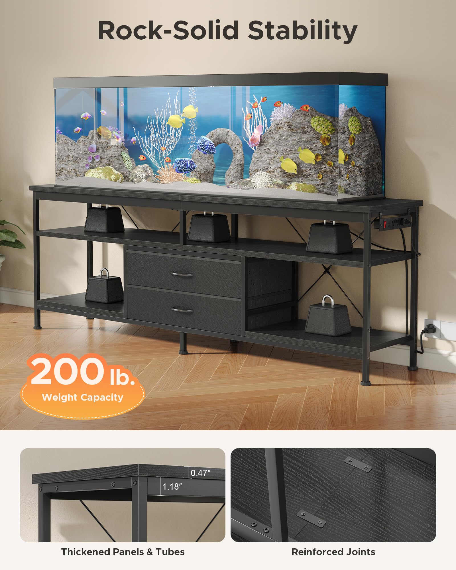 Lazzanto 63in TV Stand for 55-75in TVs, LED Lights, Charging Station, Black