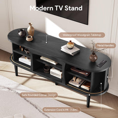 Decofy Mid Century TV Stand for TVs up to 80 Inches, Entertainment Center with Storage, Power Outlet, Fluted Sliding Doors & Adjustable Shelves, Modern Media TV Console Table for Living Room (Walnut)