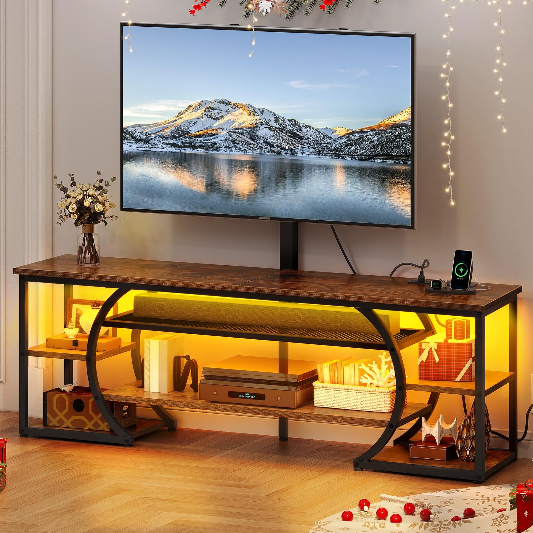 YITAHOME TV Stand for 65/70 Inch TV, LED TV Stands for Living Room w/Power Outlets, Entertainment Center with Storage, Wood Television Stand, TV Console Table, Rustic Brown