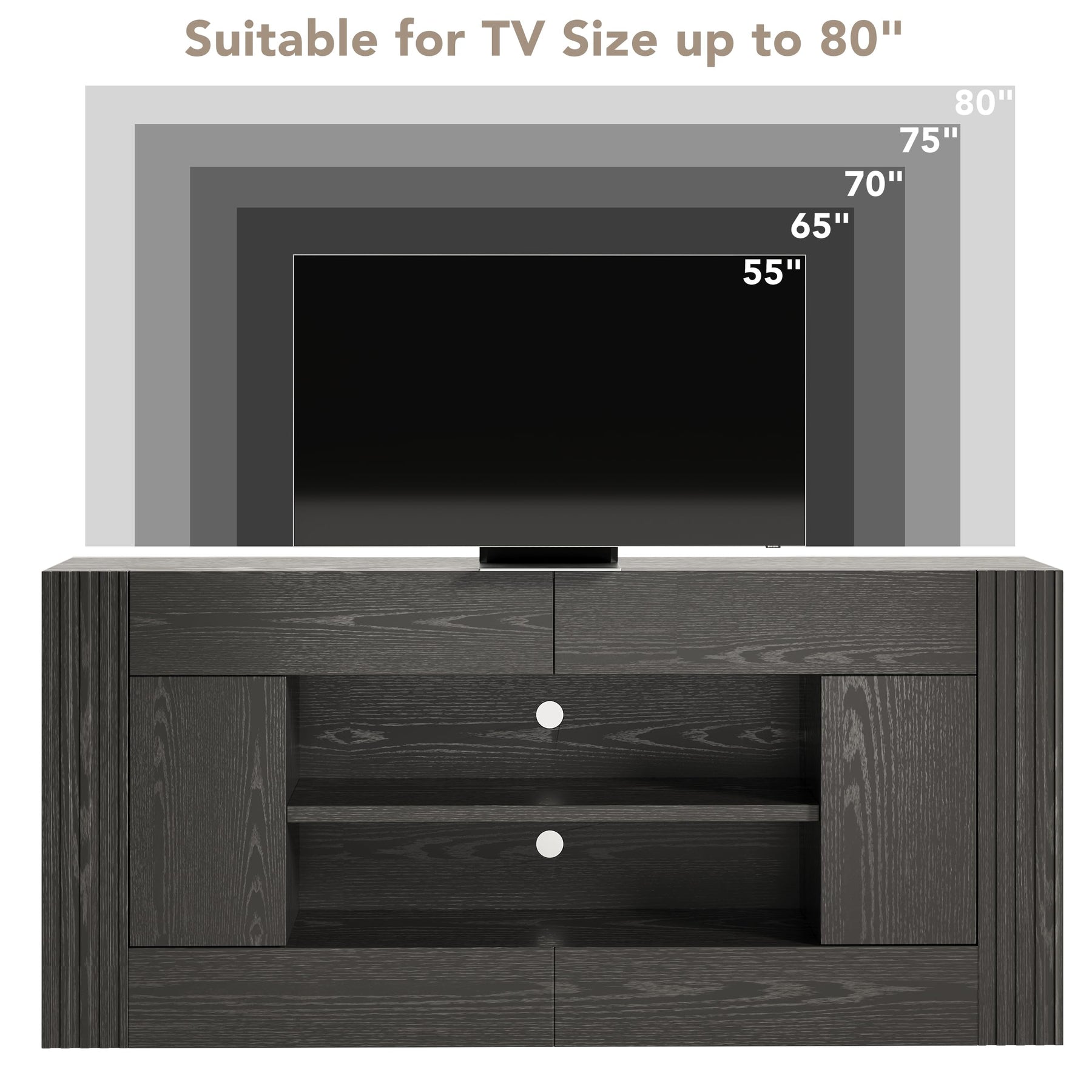 OneBlis Modern 70" TV Stand for TVs up to 80", Entertainment Center with 2 Drawers & 2 Side Cabinets, Media Console with 2-Tier Open Storage Shelves and Cable Management, Antique White & Walnut
