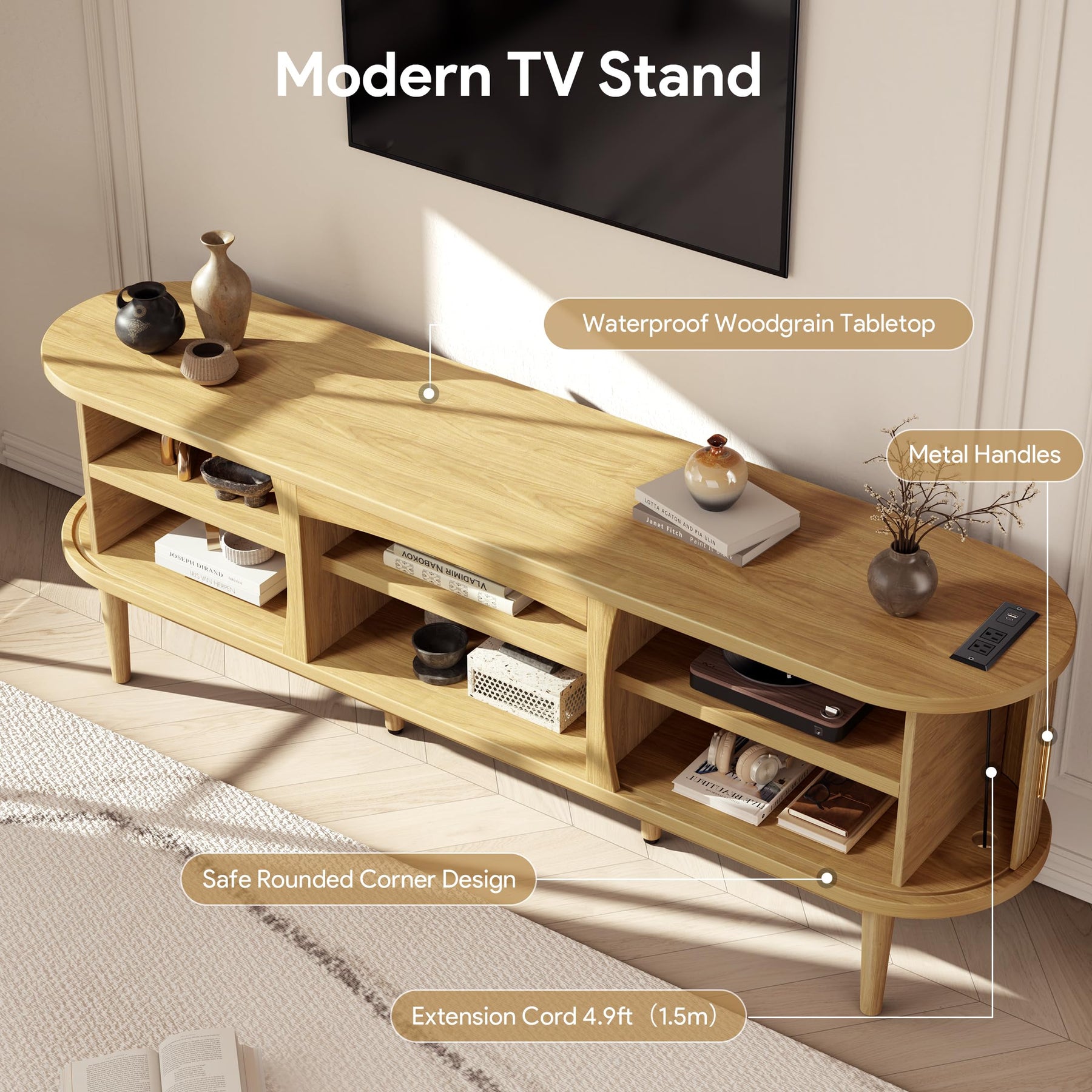 Decofy Mid Century TV Stand for TVs up to 80 Inches, Entertainment Center with Storage, Power Outlet, Fluted Sliding Doors & Adjustable Shelves, Modern Media TV Console Table for Living Room (Walnut)