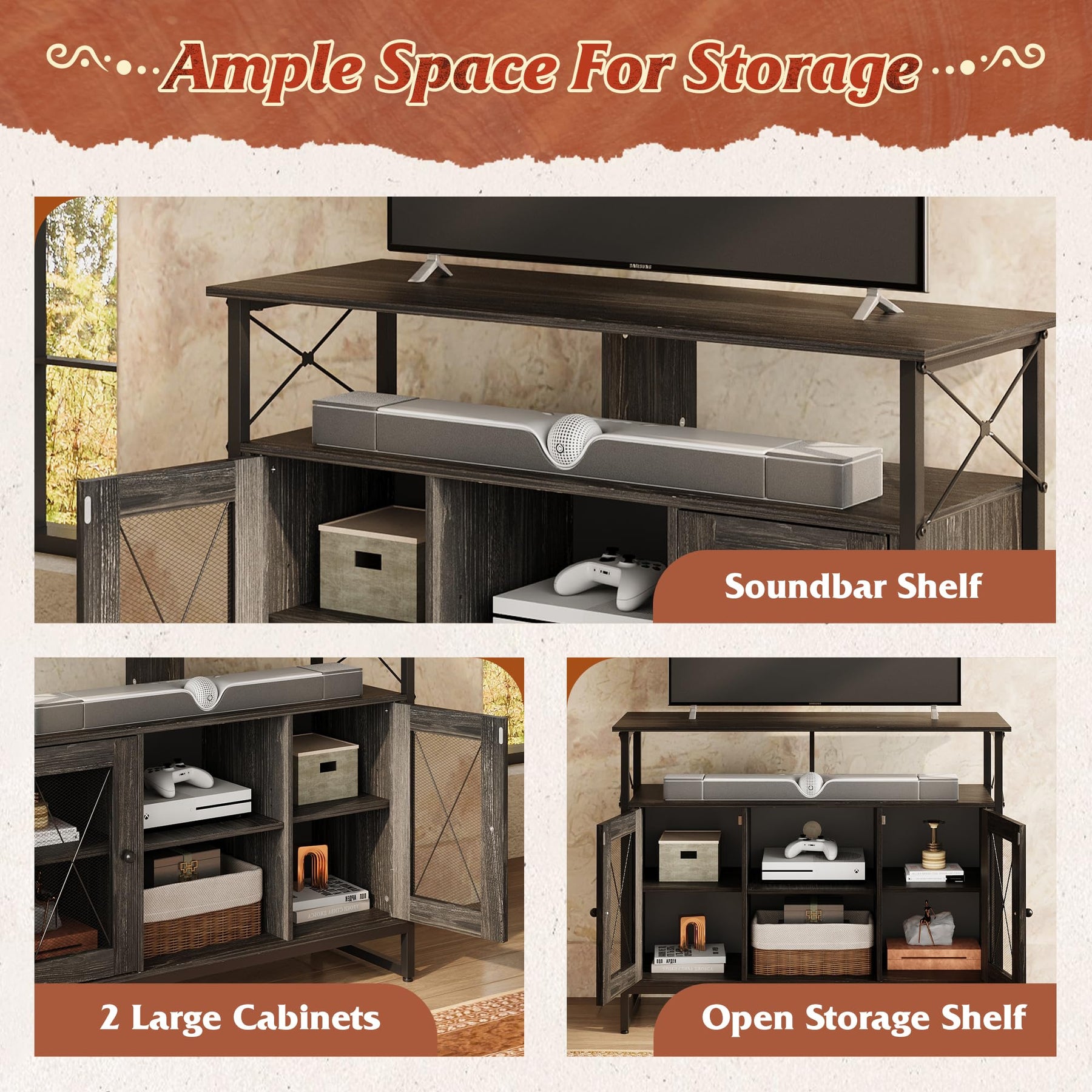WLIVE TV Stand 55 inch TV, Tall Entertainment Center with Storage, Farmhouse Industrial TV Console for Bedroom Living Room, Rustic Brown