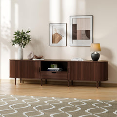 DHH 86.6" Fluted TV Stand with Power Outlet for TVs up to 90", TV Console with Adjustable Shelves and Sliding Door,Mid Century Modern Entertainment Center for Living Room,Bedroom (Walnut)