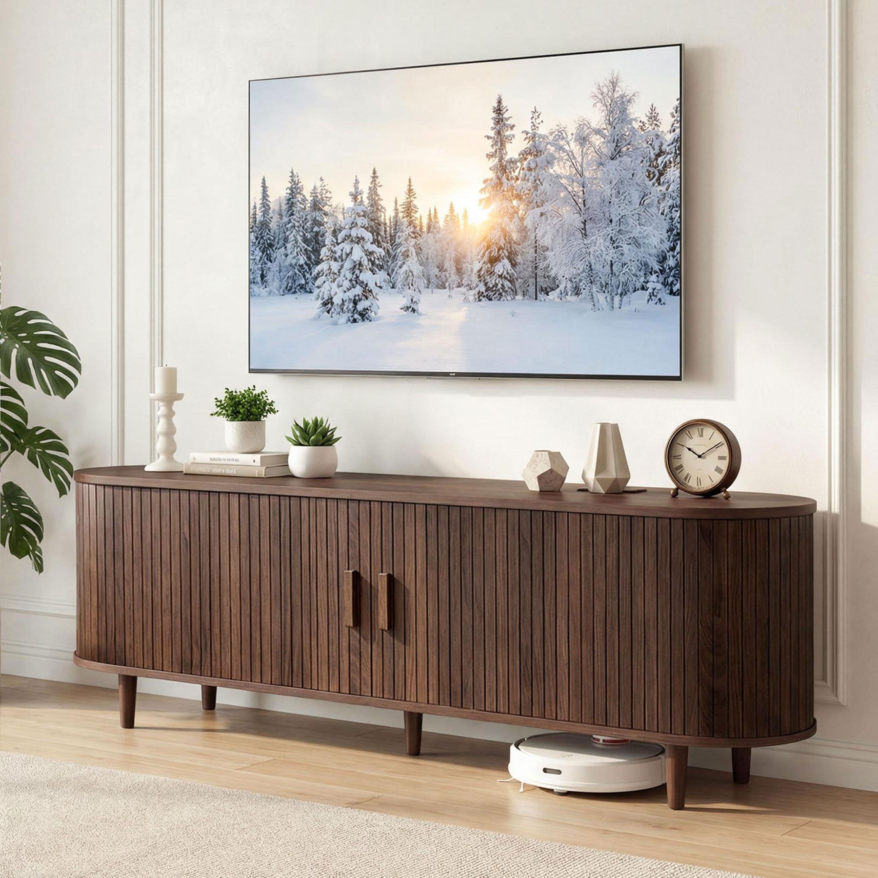 OneBlis 70" Mid Century Modern TV Stand, Wood TV Consoles with Sliding Doors and Power Outlet, Entertainment Center with Adjustable Shelves, Fluted TV Stands for Living Room, Walnut