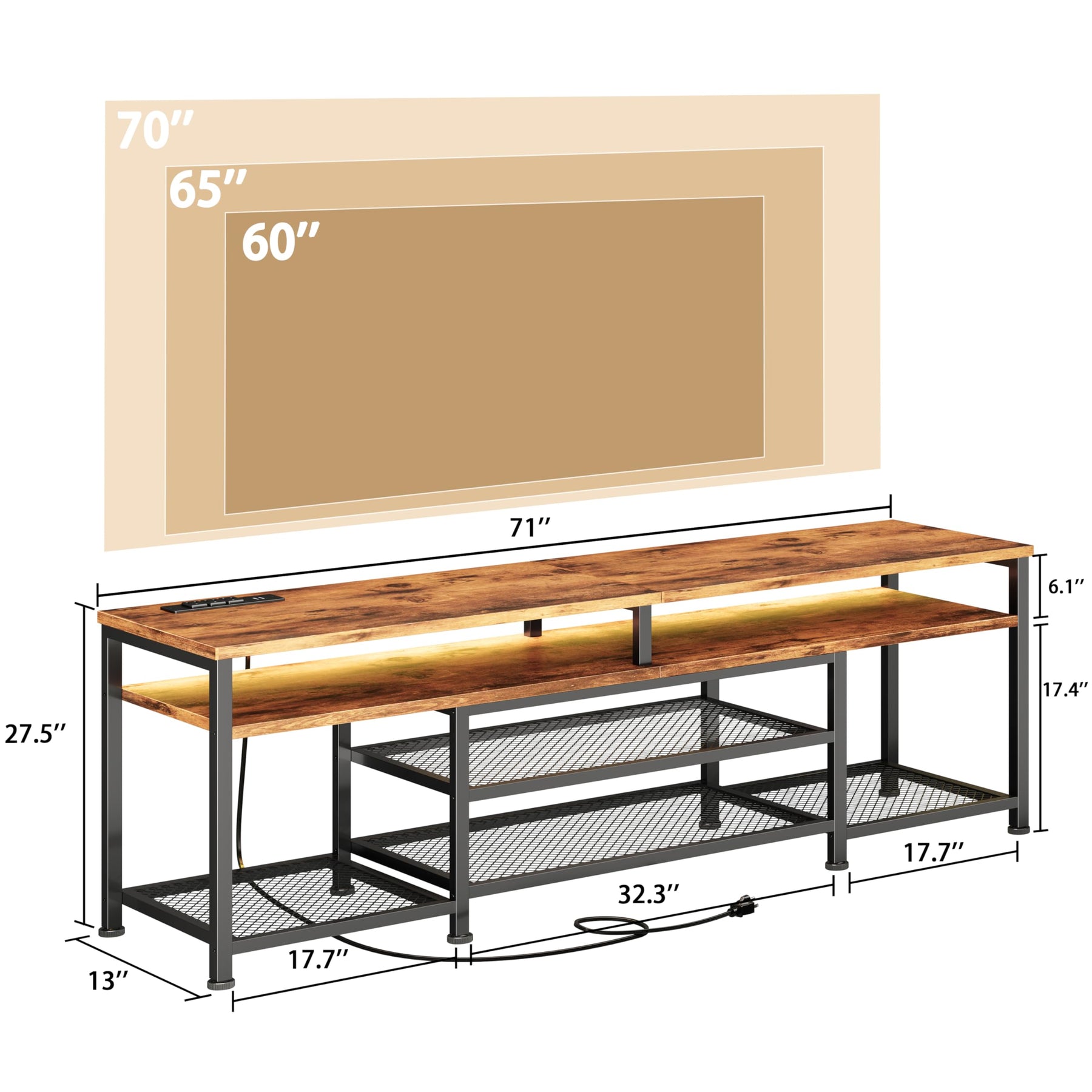 Furologee TV Stand with Power Outlets and LED Lights, 63 Inch Entertainment Center for 60 65 70 Inch TVs, Media Console Table with Open Shelves, for Bedroom, Living Room, Black