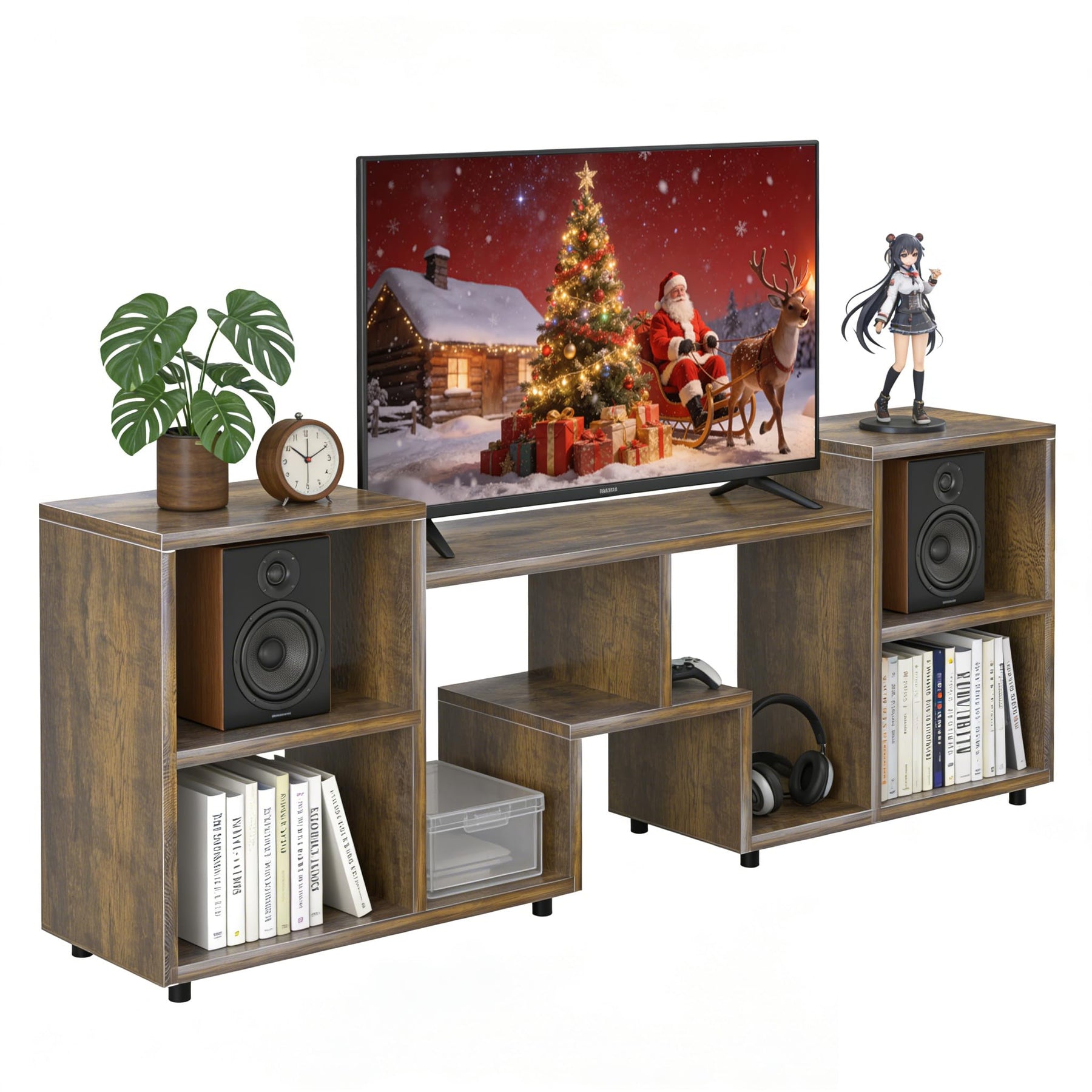 ACOHOOK Walnut 60" Mid-Century TV Stand with Storage Open Shelf