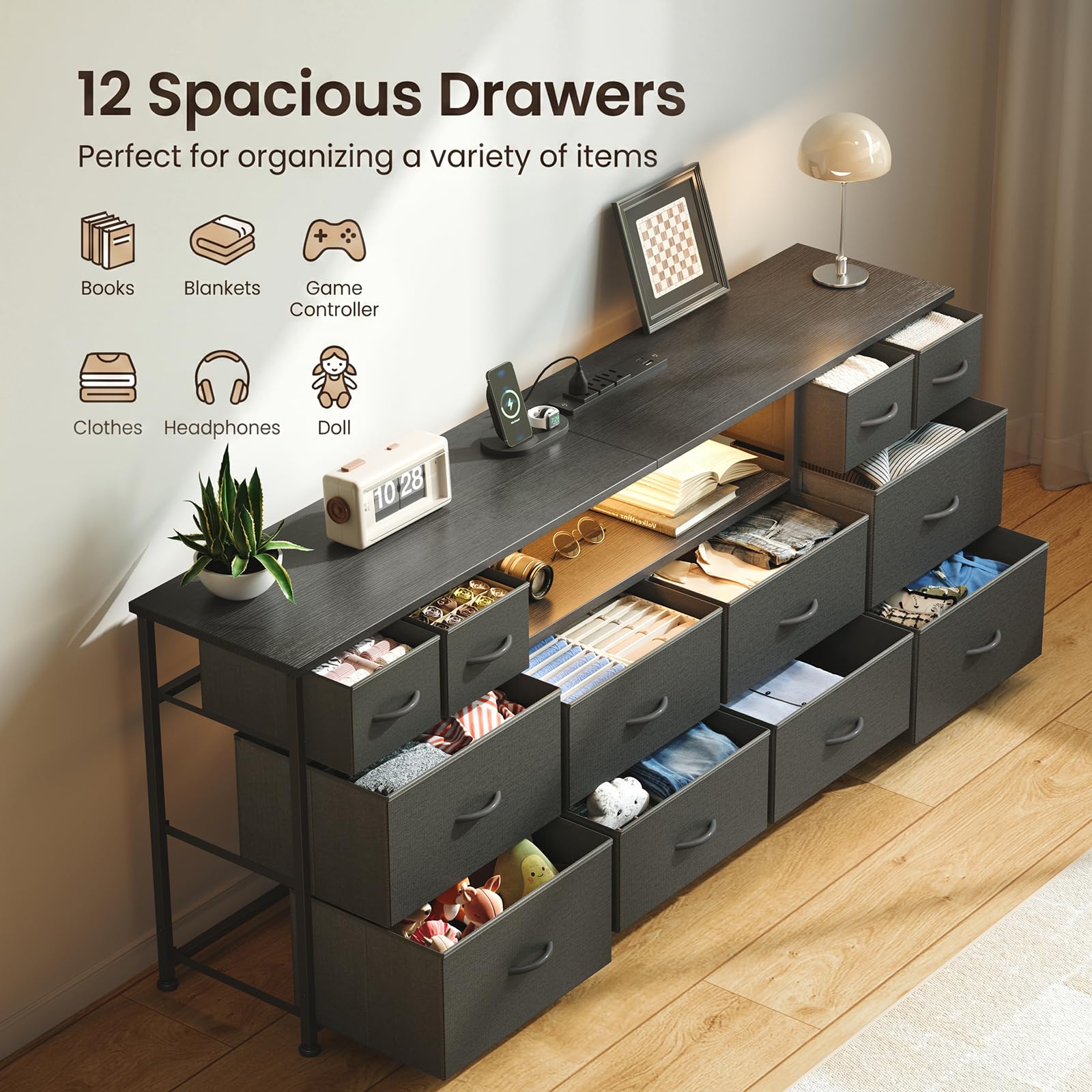 VERMESS 63 Inch 12 Drawers Long Dresser for Bedroom, Chest of Drawers, TV Stand with LED & Power Outlets, Entertainment Center with Storage Shelves, TV Unit for Living Room, for 65, 70 Inch TV, Black