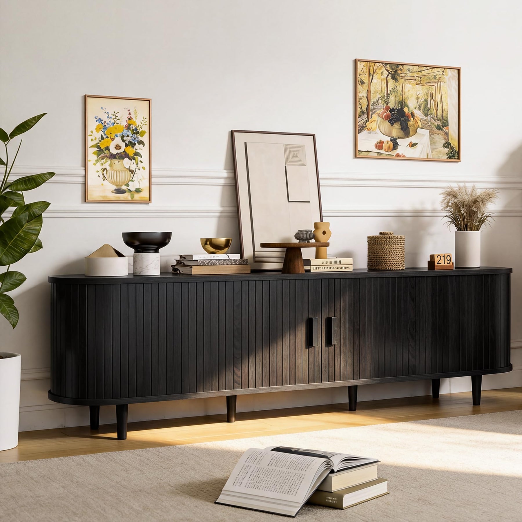 OneBlis 70" Mid Century Modern TV Stand, Wood TV Consoles with Sliding Doors and Power Outlet, Entertainment Center with Adjustable Shelves, Fluted TV Stands for Living Room, Walnut
