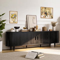 OneBlis 70" Mid Century Modern TV Stand, Wood TV Consoles with Sliding Doors and Power Outlet, Entertainment Center with Adjustable Shelves, Fluted TV Stands for Living Room, Walnut