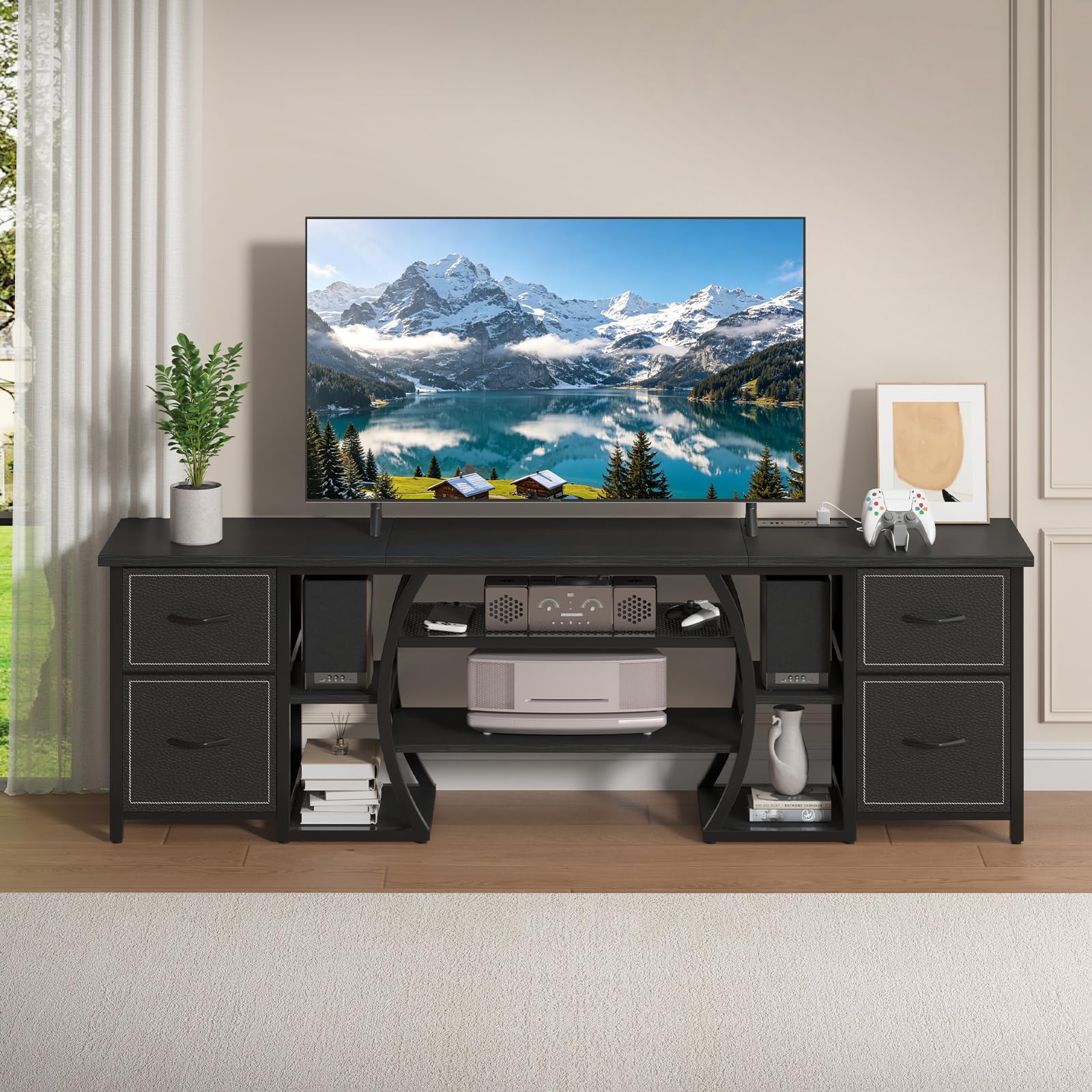 ZHNSYDN LED TV Stand for 65, 70, 80 Inch TV,71 Inch Industrial Entertainment Center with Power Outlets,Media Console Table with Open Storage Shelves & Fabric Drawers for Living Room Bedroom,Greige