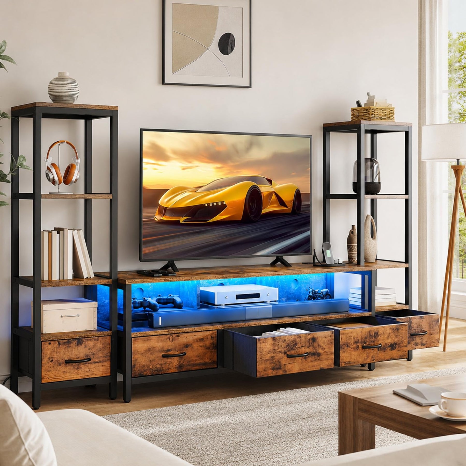 DWVO Industrial LED TV Stand for 65 Inch TVs, Entertainment Center with 2 4-Tier Bookshelves & Power Outlets, Media Console Table with 5 Drawers & Open Storage for Living Room, Grey
