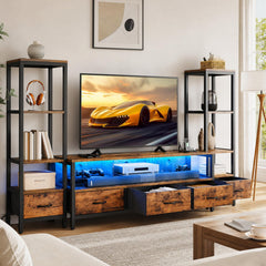 DWVO Industrial LED TV Stand for 65 Inch TVs, Entertainment Center with 2 4-Tier Bookshelves & Power Outlets, Media Console Table with 5 Drawers & Open Storage for Living Room, Grey