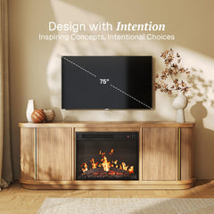 BELLEZE 67" Fluted TV Stand with Electric Fireplace Heater w/Sound, Curved Entertainment Center with Sliding Tambour Doors, Media Console Table for TV up to 75" for Living Room (Camel)