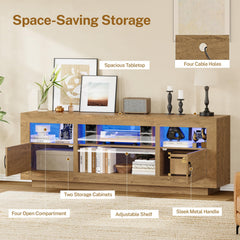 TEENFON 67" TV Stand for 75 inch TV, Entertainment Center with LED Lights | TV Console, Media Console Table with Open Storage & Side Cabinets, TV Stands for Living Room, Bedroom, Natural Knotty Oak