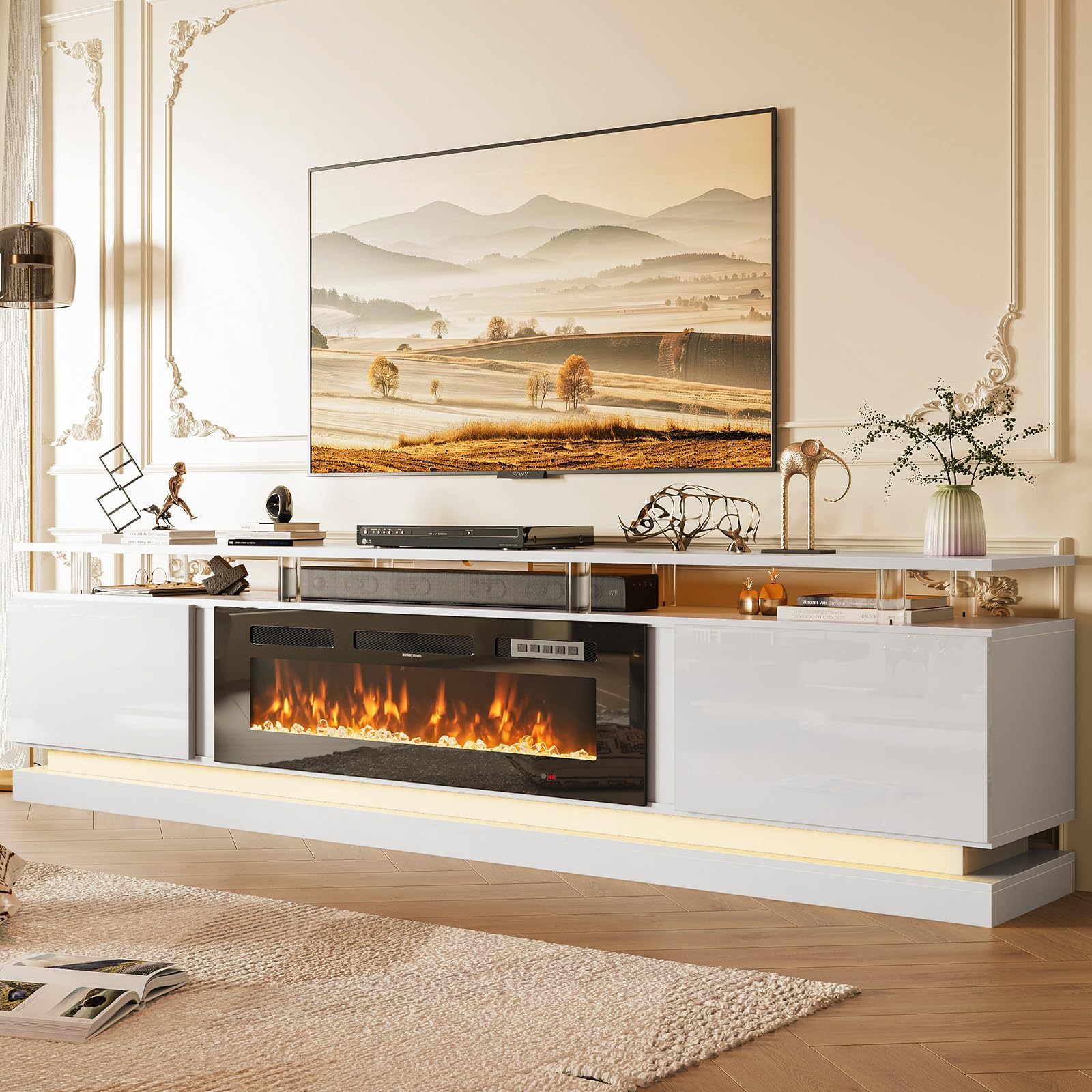 Nordivale 70" Fireplace TV Stand, Modern Entertainment Center for TVs Up to 80”, TV Console with Storage Cabinets, Media Console for Living Room, Black TV Stand and Black Fireplace