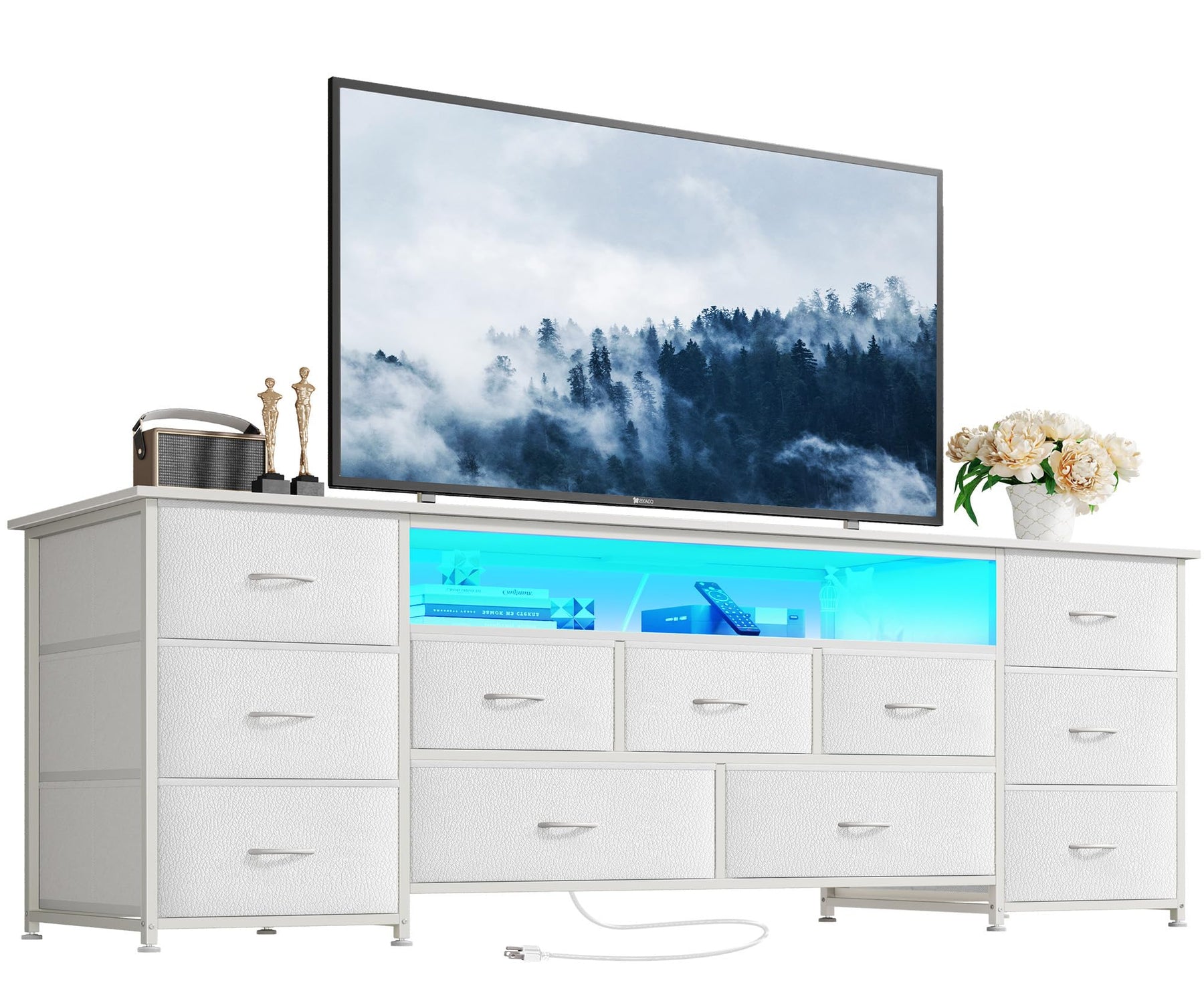 Huuger 63 Inch TV Stand for 65, 70 Inch TV, 11 Drawer Long Dresser with Power Outlets and LED Lights, Entertainment Center with Storage, Black Dresser with PU Leather Surface