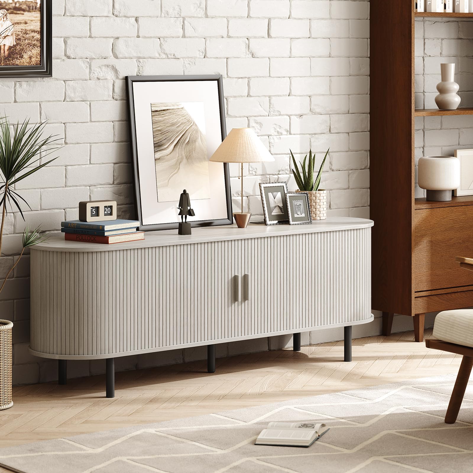 ONBRILL 70.8" TV Stand with Power Outlet for TVs up to 75 Inch, Entertainment Center with Storage and Adjustable Shelves, Modern Media Console with Sliding Doors for Living Room, Walnut