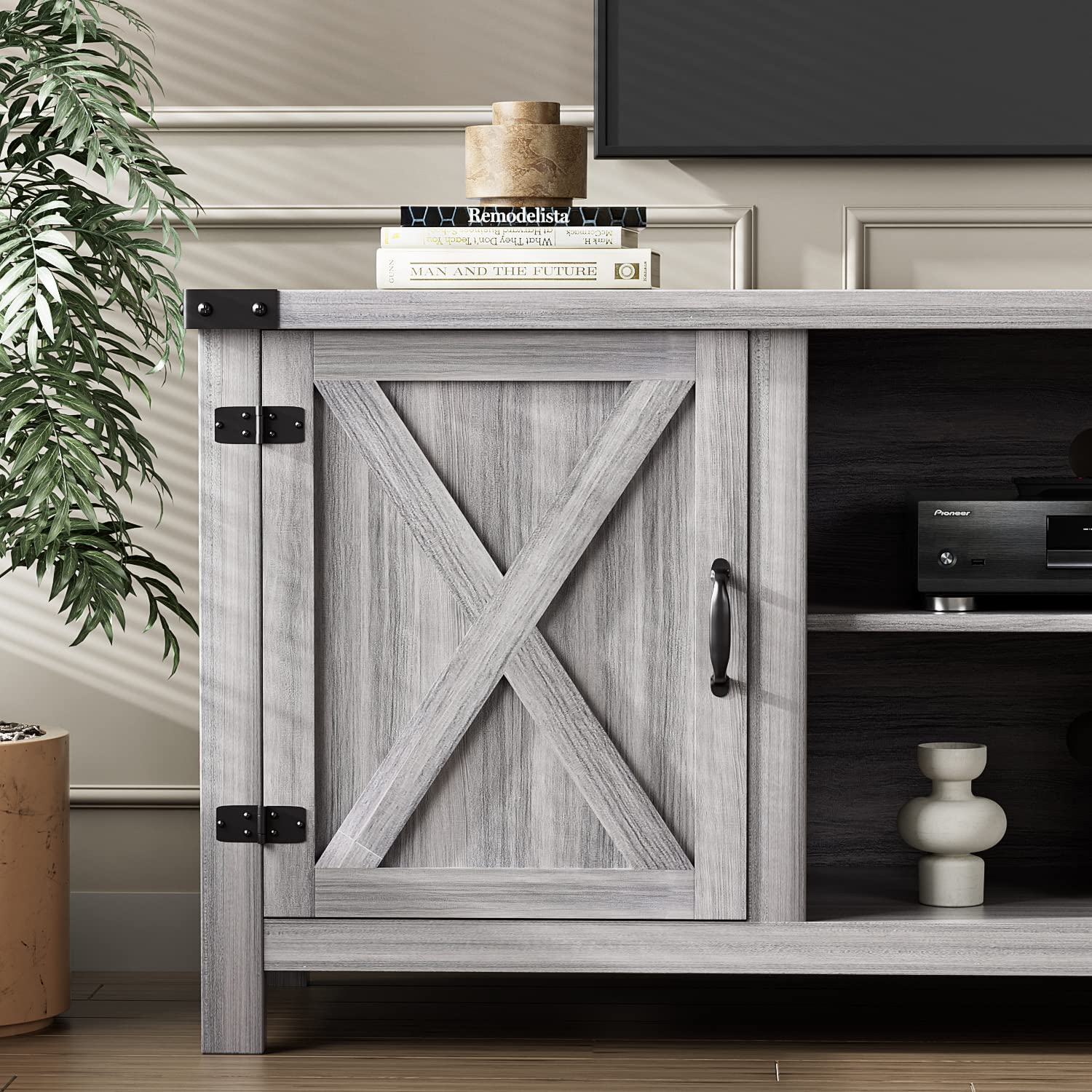 YESHOMY Modern Farmhouse TV Stand with Barn Door for 65 Inch TV, Gray Wash