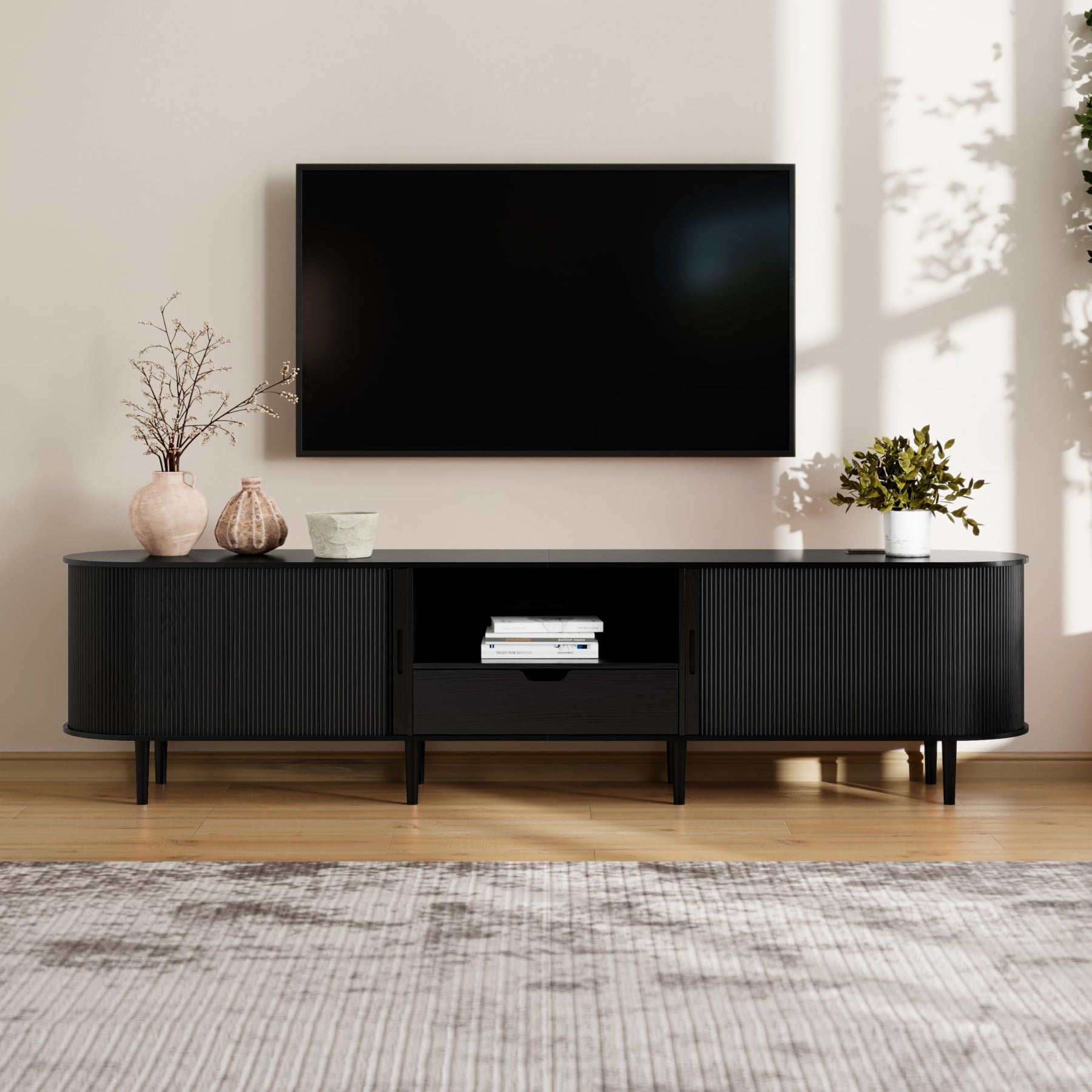 DHH 86.6" Fluted TV Stand with Power Outlet for TVs up to 90", TV Console with Adjustable Shelves and Sliding Door,Mid Century Modern Entertainment Center for Living Room,Bedroom (Walnut)