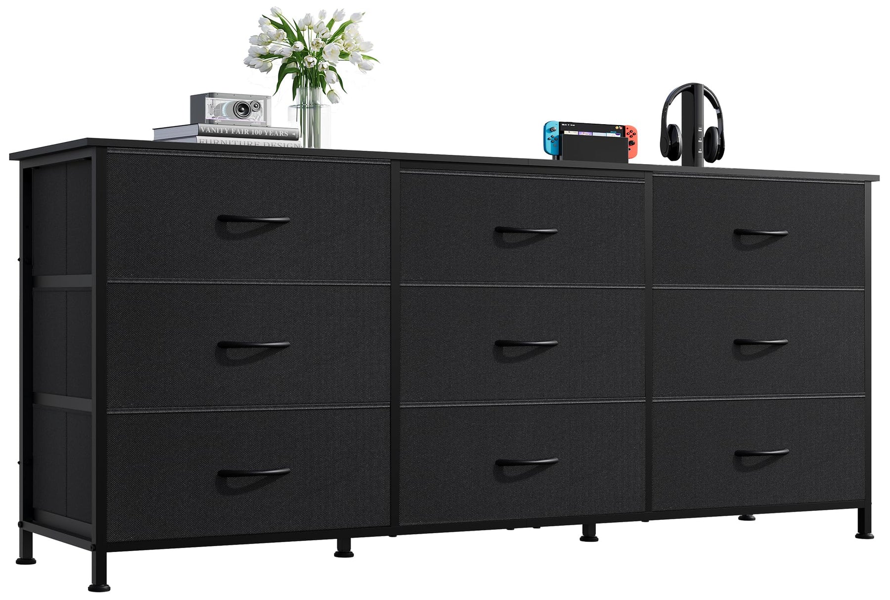 WLIVE Dresser TV Stand for 75 Inch TV, 9 Drawer Dresser for Bedroom, Black